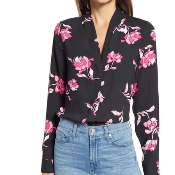 Halogen V-neck Top In Black- Pink Morgana Floral Womens Button Down Shirt Size L - Picture 1 of 5